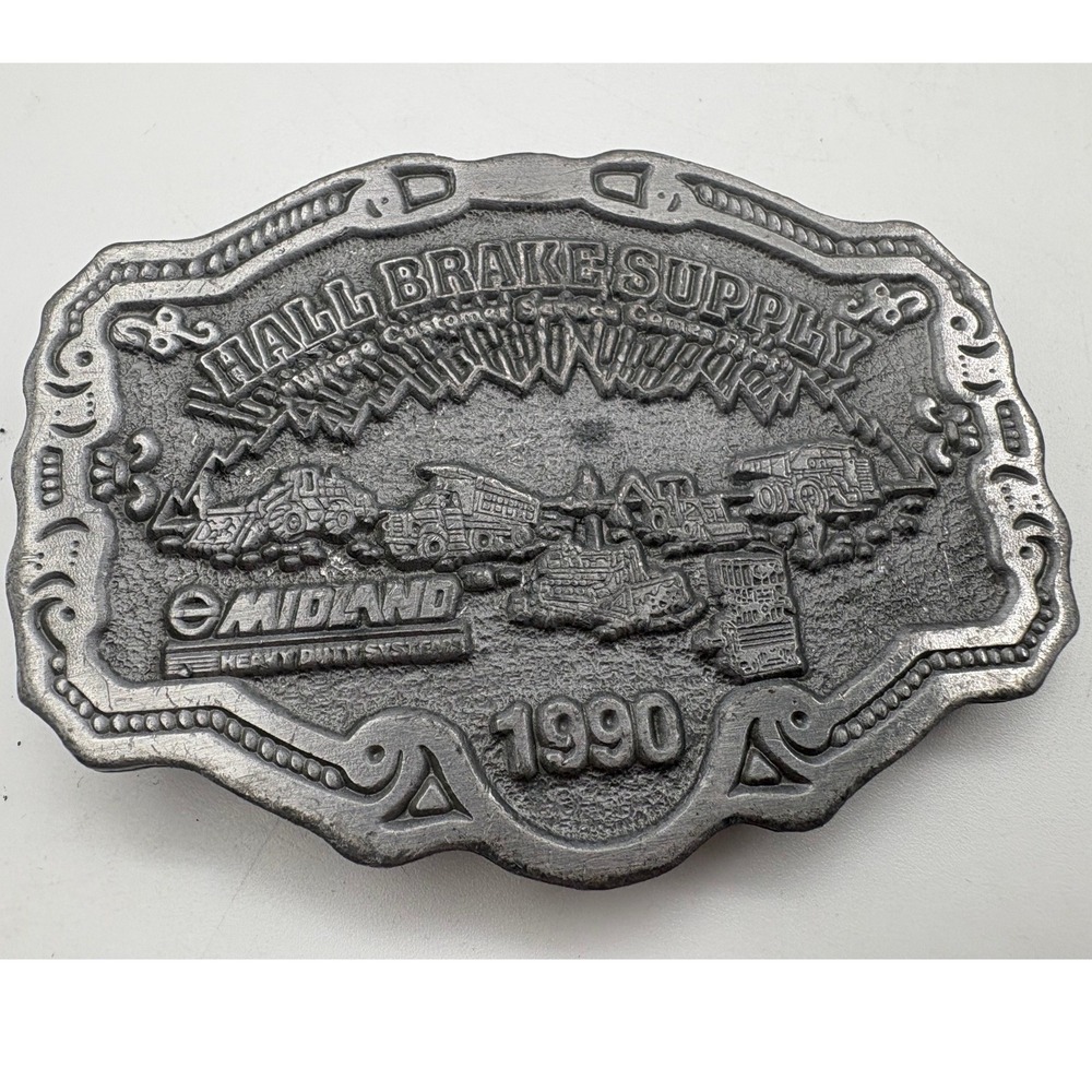 Midland Hall Brake‎ Supply Belt Buckle 1991 Vintage Heavy Equipment Metal Silver